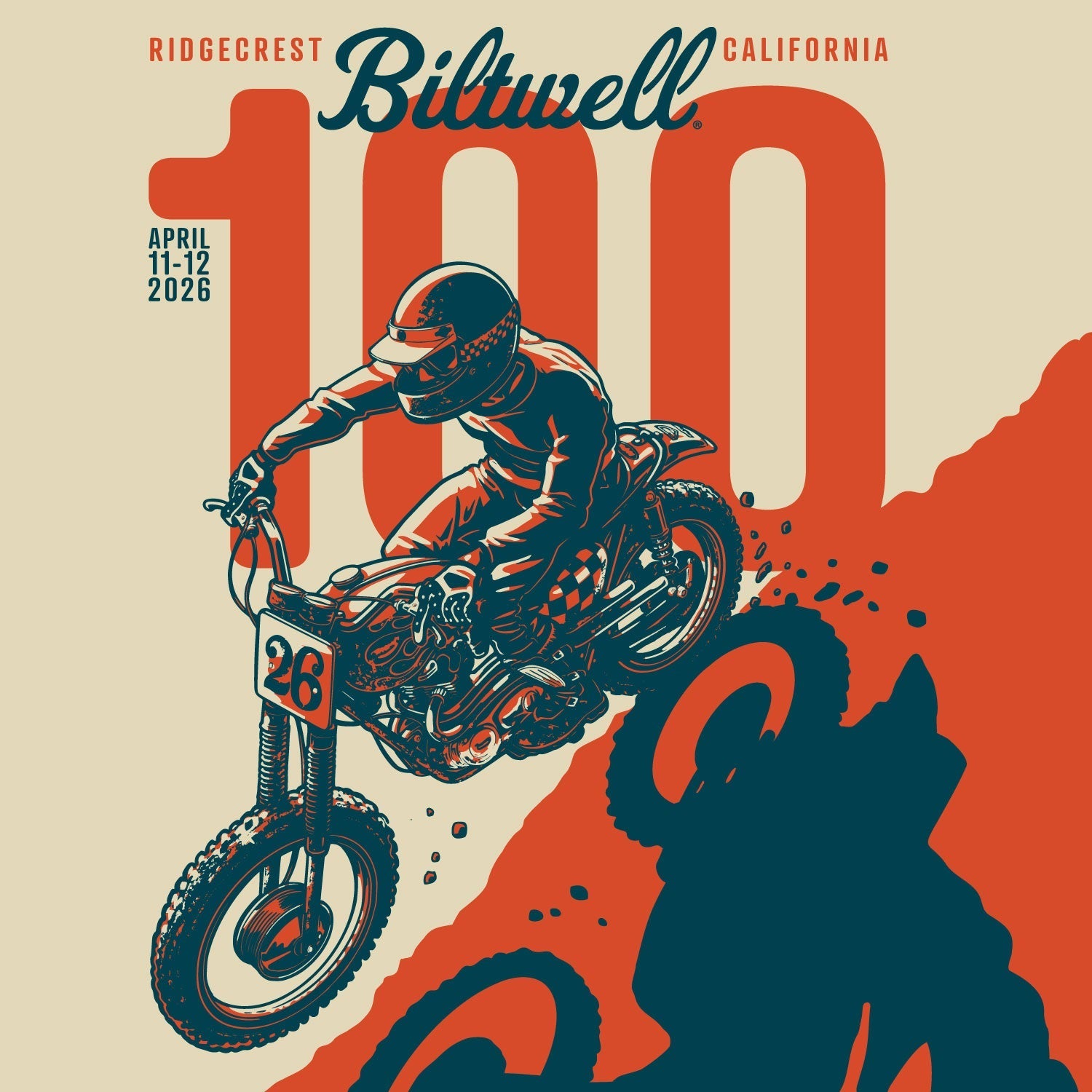 2026 Biltwell 100 official event flyer desert race Ridgecrest California April