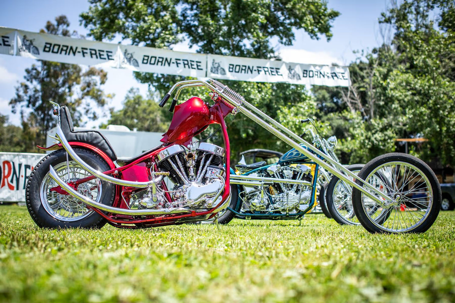 Born-Free 17 custom red chopper motorcycle show California 2026 invited builders