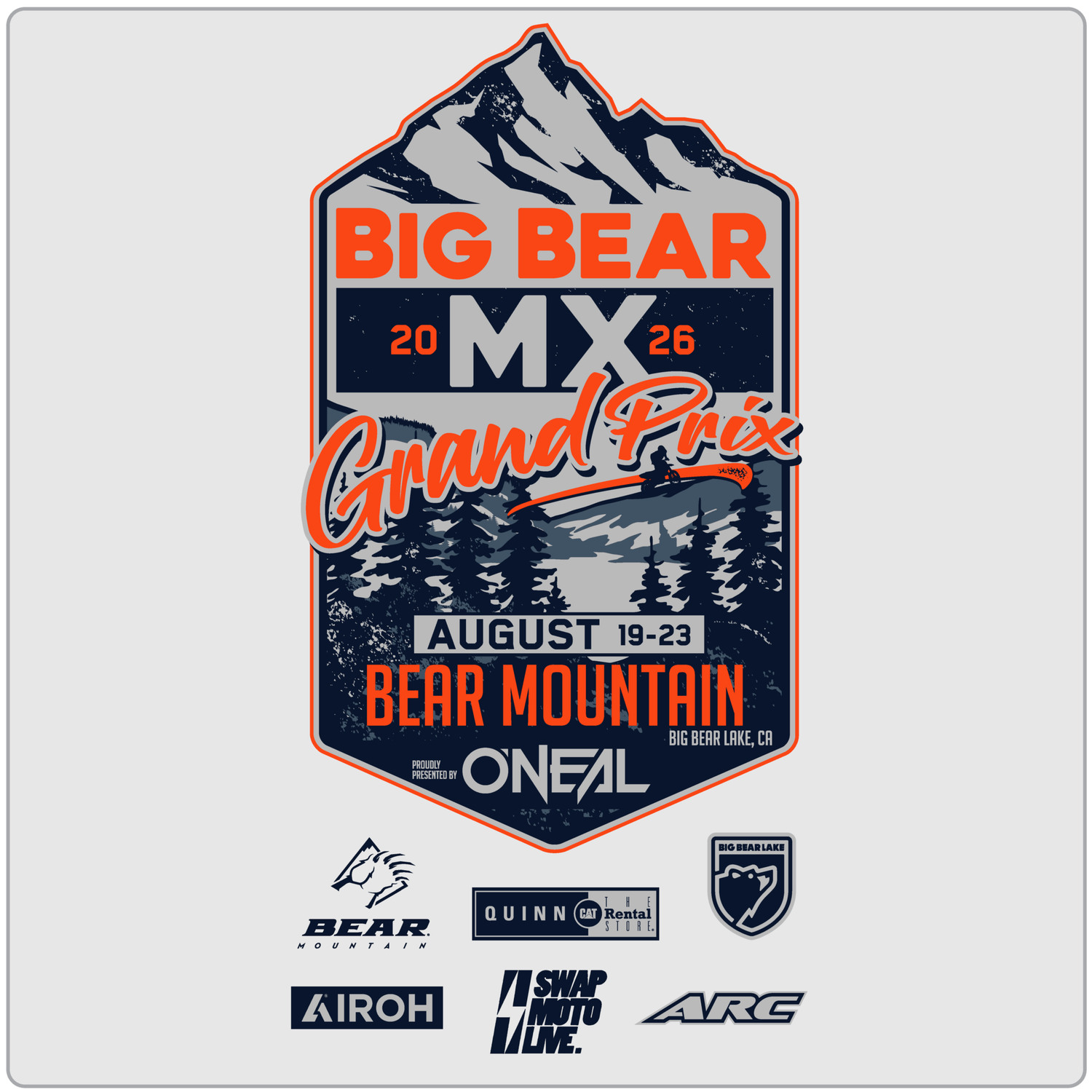 Big Bear MX Grand Prix 2026 official logo by O'Neal Bear Mountain Resort August 19-23 Swapmoto