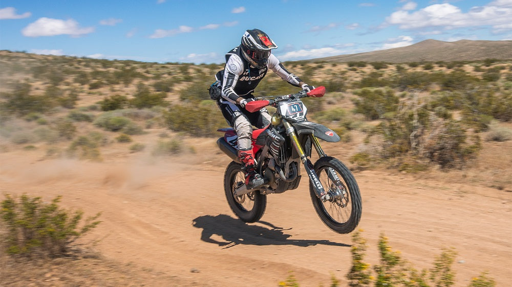 Jordan Graham winning the 2026 Biltwell 100 desert race in Ridgecrest California on the Fasthouse Ducati Desmo450 EDX
