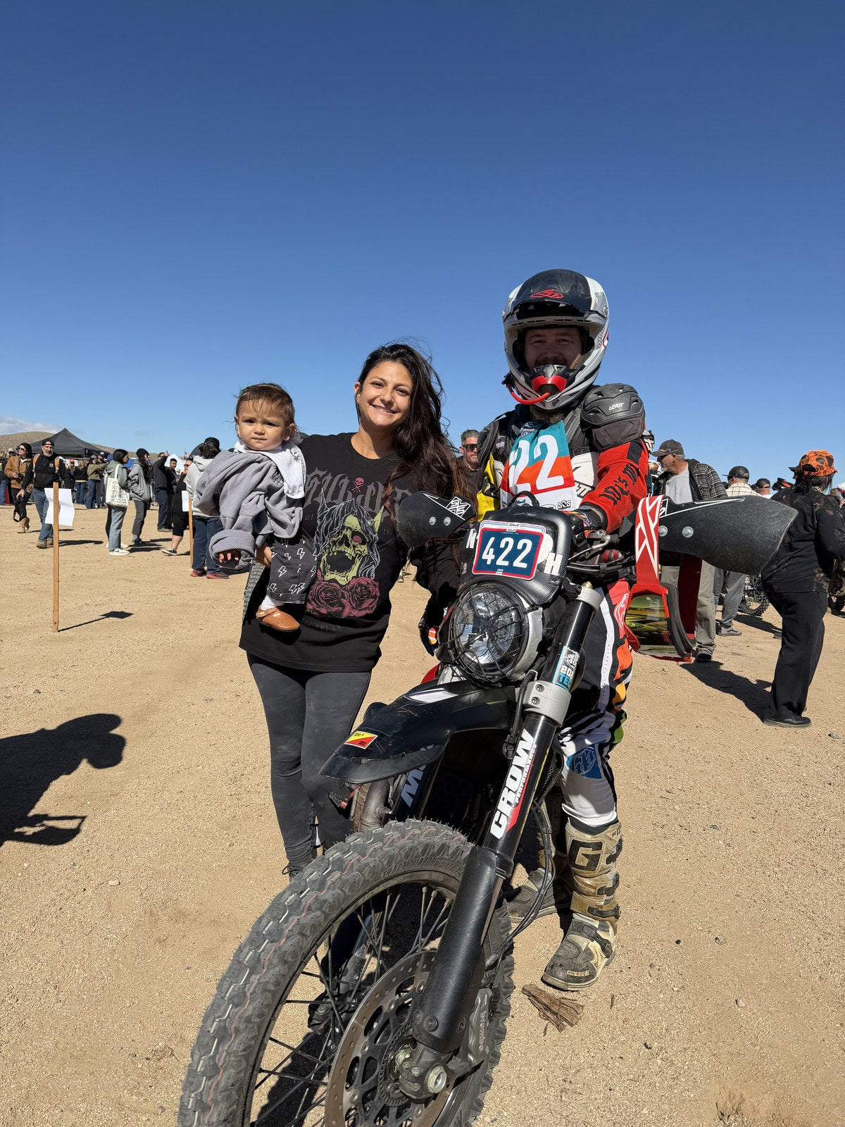 LiveTheGnar owner Josh on Ducati Desert Sled number 422 at the 2026 Biltwell 100 in Ridgecrest California