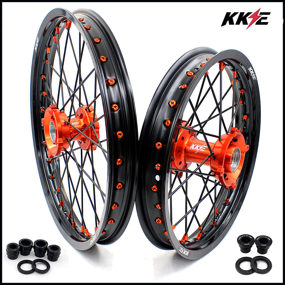 KKE 19"*1.6/16"*1.85 Big Kid's Wheels Rims Set For KTM SX85 2021 2022 2023 2024 Orange Nipples & Black Spokes KKE Racing