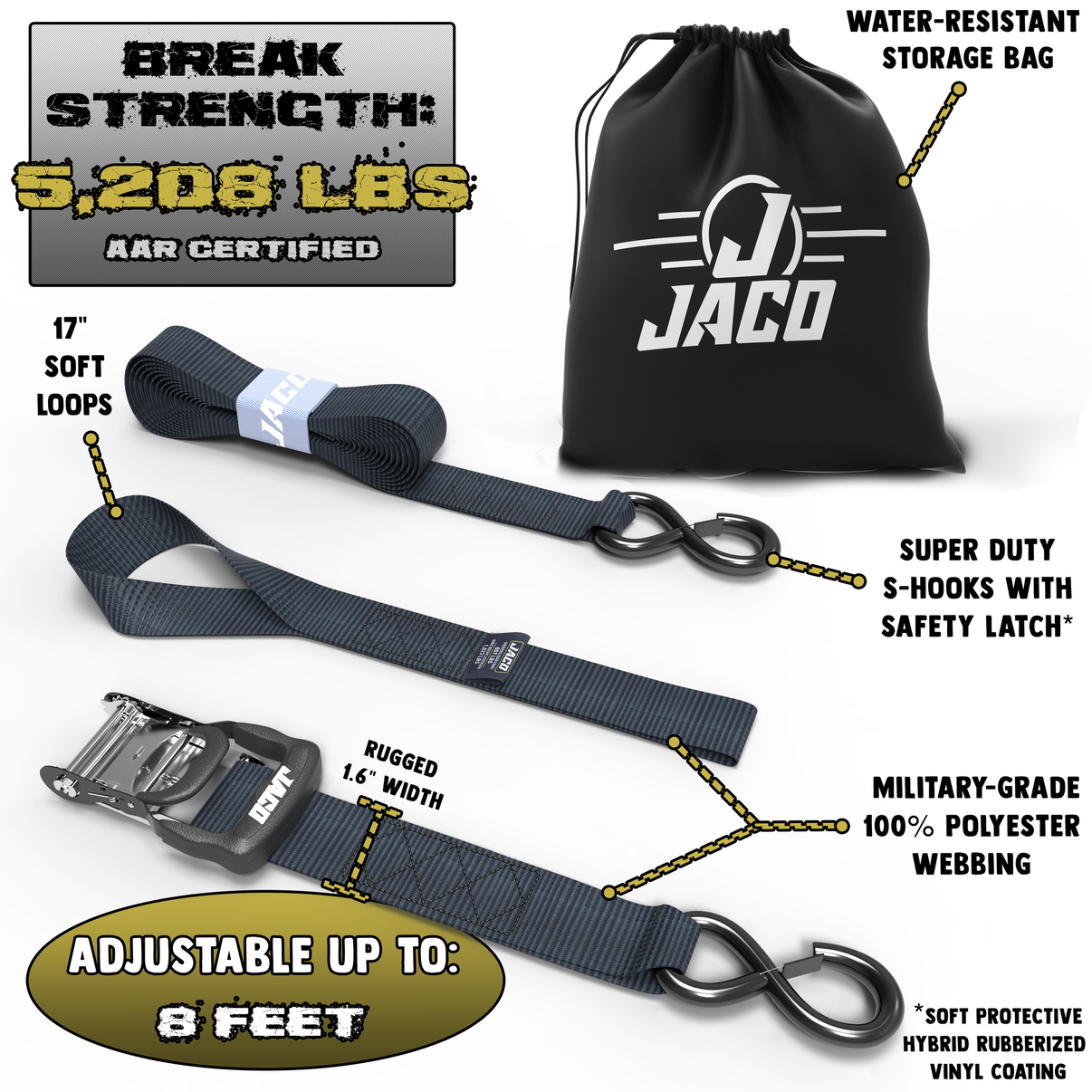 Tie Down Ratchet Straps with Soft Loops (1.6 in x 8 ft) - Heavy Duty Set | AAR Certified Break Strength (5,208 lbs) JACO