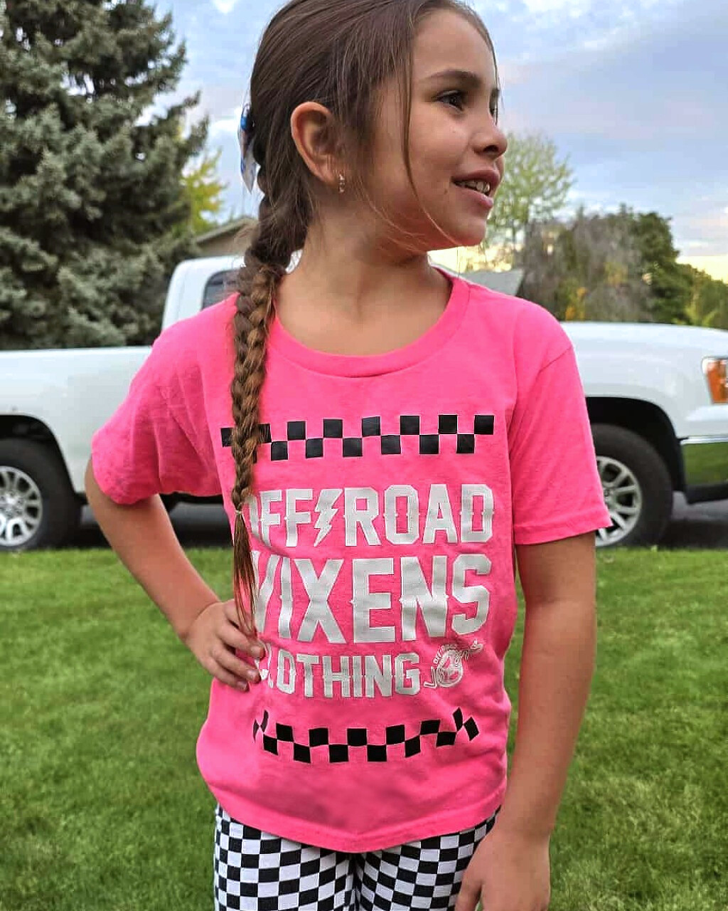 Youth Checked out Tee - Neon Pink - Off-Road Vixens - LiveTheGnar