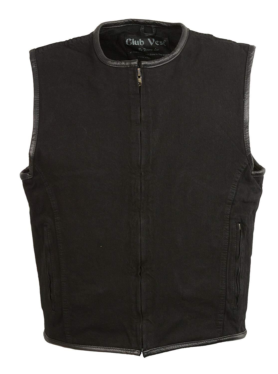 Club Vest CVM3038 Men's Black Denim Collarless Motorcycle Club Style Vest with Leather Trim Hot Leathers