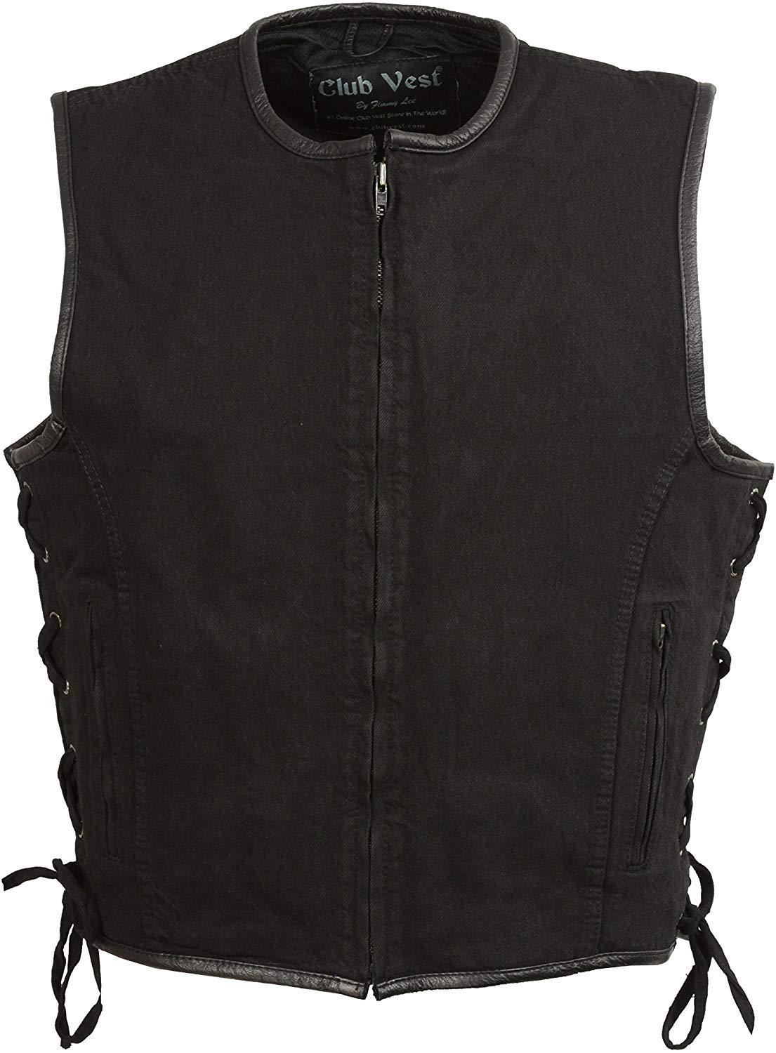 Club Vest CVM3039 Men's Black Denim Motorcycle Rider Vest with Leather Trim and Side Laces Hot Leathers