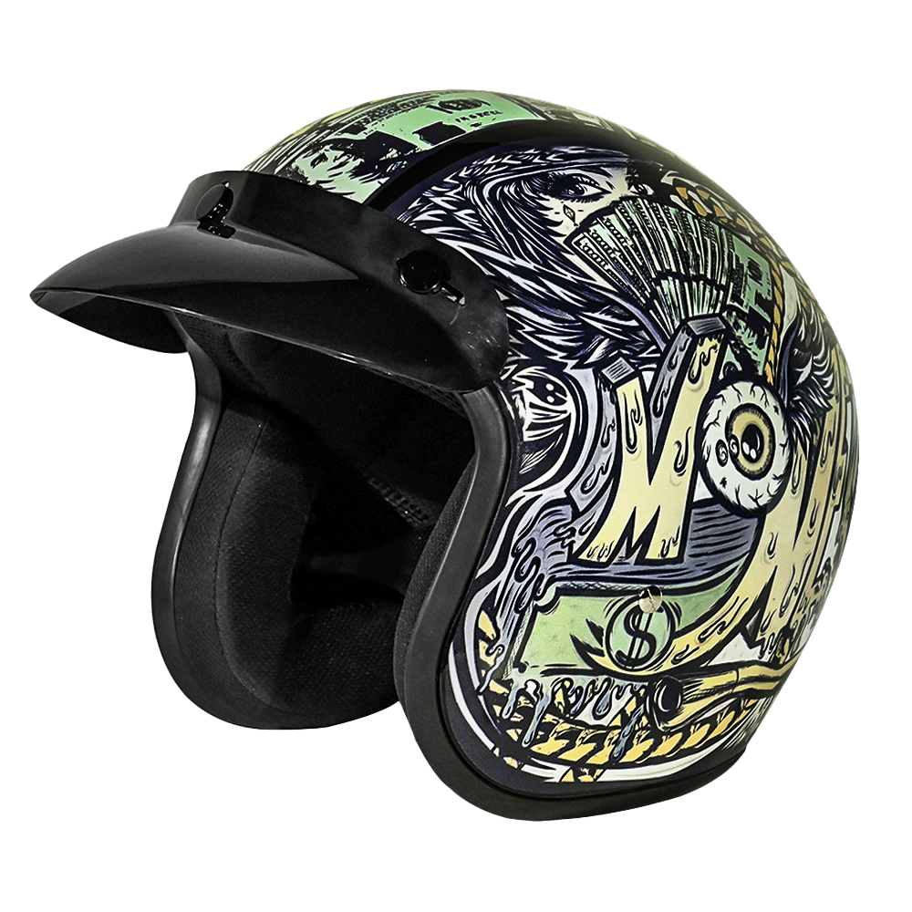 DOT Approved Daytona Cruiser Open Face Motorcycle Helmet - Men, Women & Youth - With Visor & Graphics - W/ Money Daytona Helmets