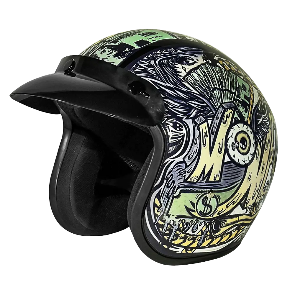 DOT Approved Daytona Cruiser Open Face Motorcycle Helmet - Men, Women & Youth - With Visor & Graphics - W/ Money Daytona Helmets