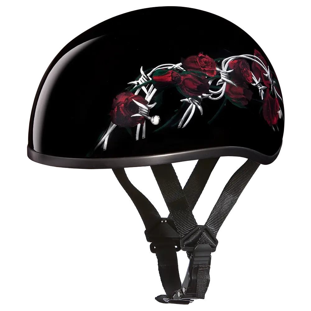 DOT Approved Daytona Motorcycle Half Face Helmet - Skull Cap Graphics for Men & Women, Scooters, ATVs, UTVs & Choppers - W/ Barbed Roses Daytona Helmets