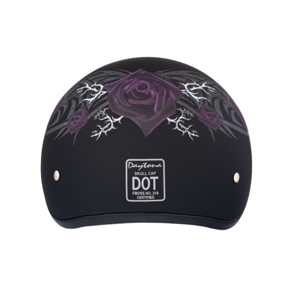 DOT Approved Daytona Motorcycle Half Face Helmet - Skull Cap Graphics for Men & Women, Scooters, ATVs, UTVs & Choppers - W/ Purple Rose Daytona Helmets