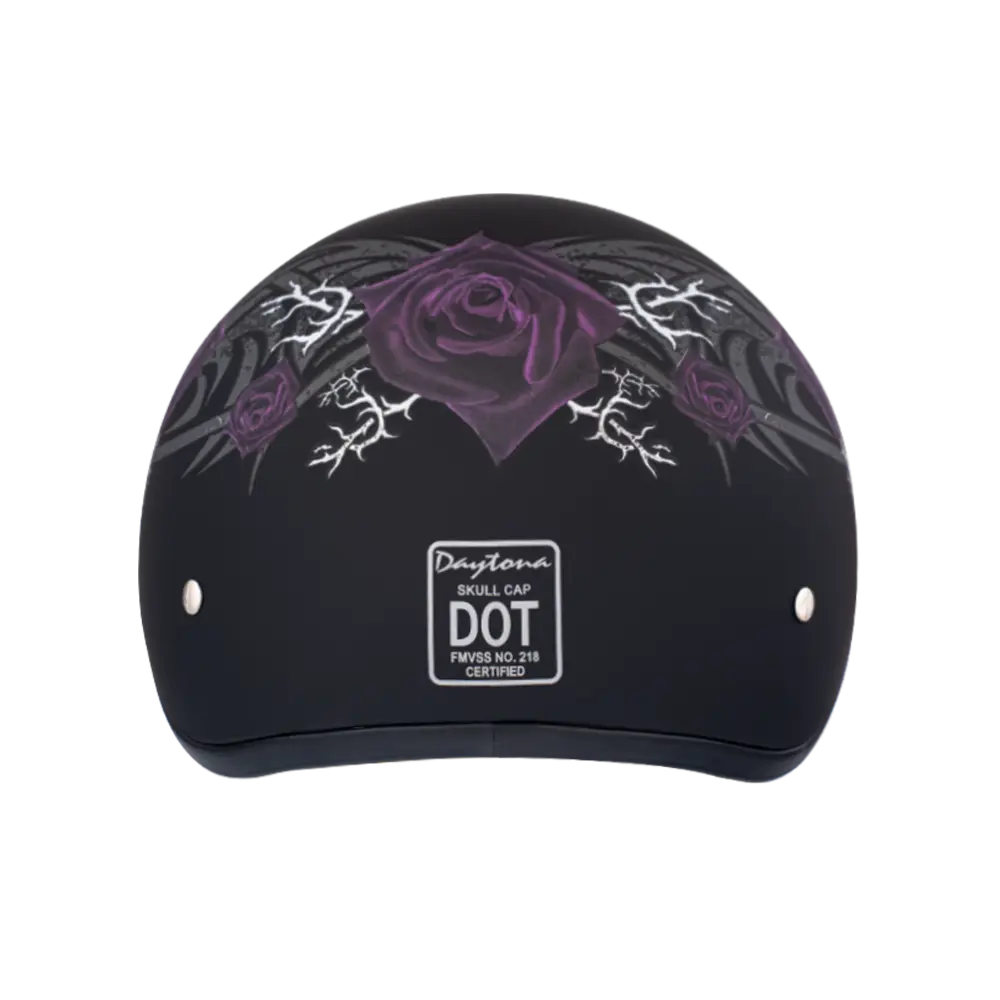 DOT Approved Daytona Motorcycle Half Face Helmet - Skull Cap Graphics for Men & Women, Scooters, ATVs, UTVs & Choppers - W/ Purple Rose Daytona Helmets