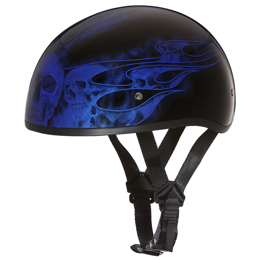DOT Approved Daytona Motorcycle Half Face Helmet - Skull Cap Graphics for Men & Women, Scooters, ATVs, UTVs & Choppers - W/ Skull Flames Blue Daytona Helmets