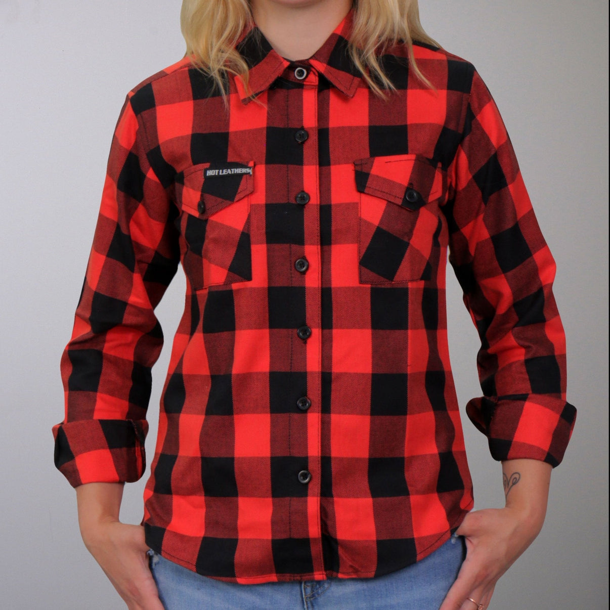 Hot Leathers FLL3002 Ladies Black and Red Long Sleeve Flannel Hot Leathers