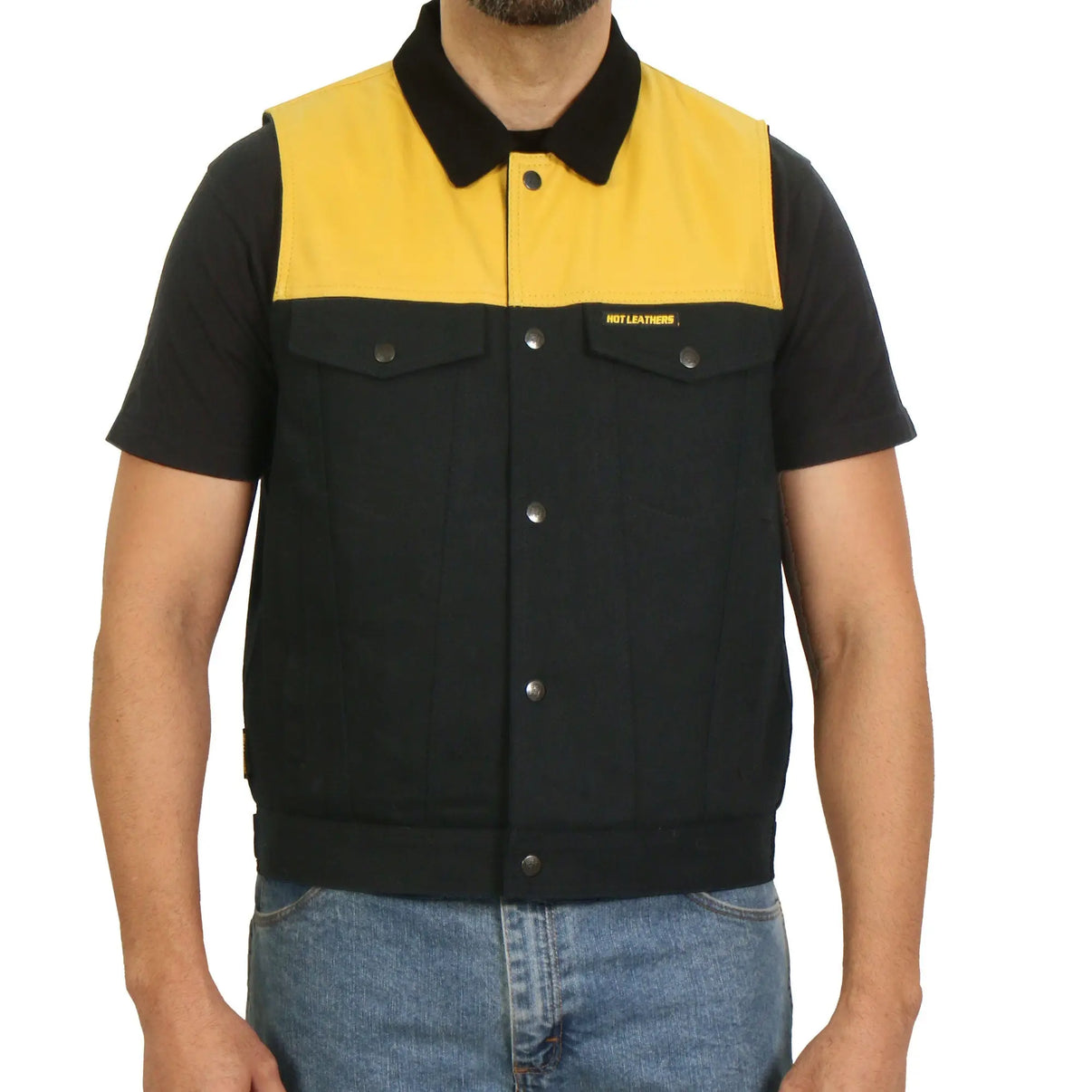 Hot Leathers Men’s Black and Yellow Denim Conceal Carry Vest Hot Leathers