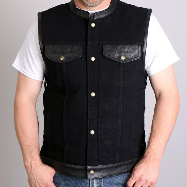 Hot Leathers VSM6101 Men's Motorcycle Club style Carry Conceal Black Denim and Leather Biker Vest Hot Leathers
