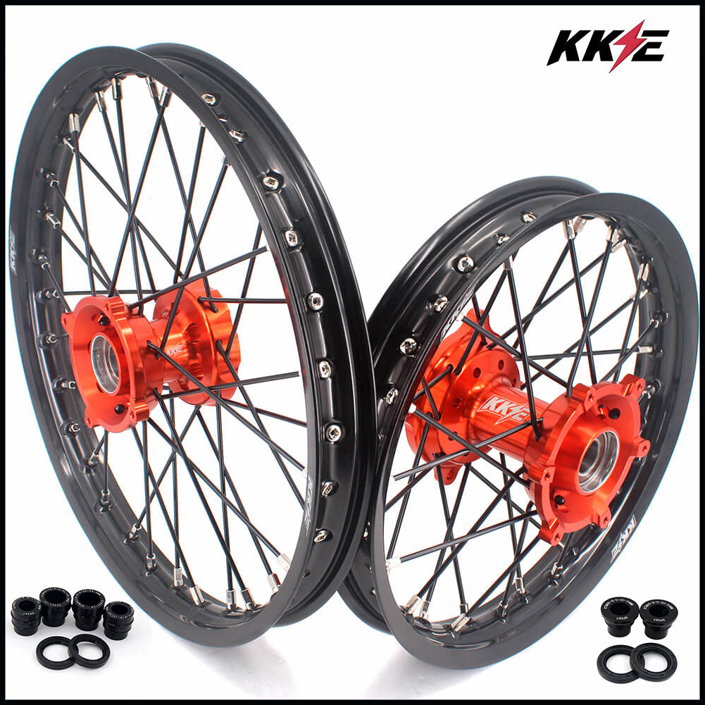 KKE 17 & 14 Small Kids Wheels Rims for KTM 85 SX 2021-2024 Orange Hub Black Spoke KKE Racing