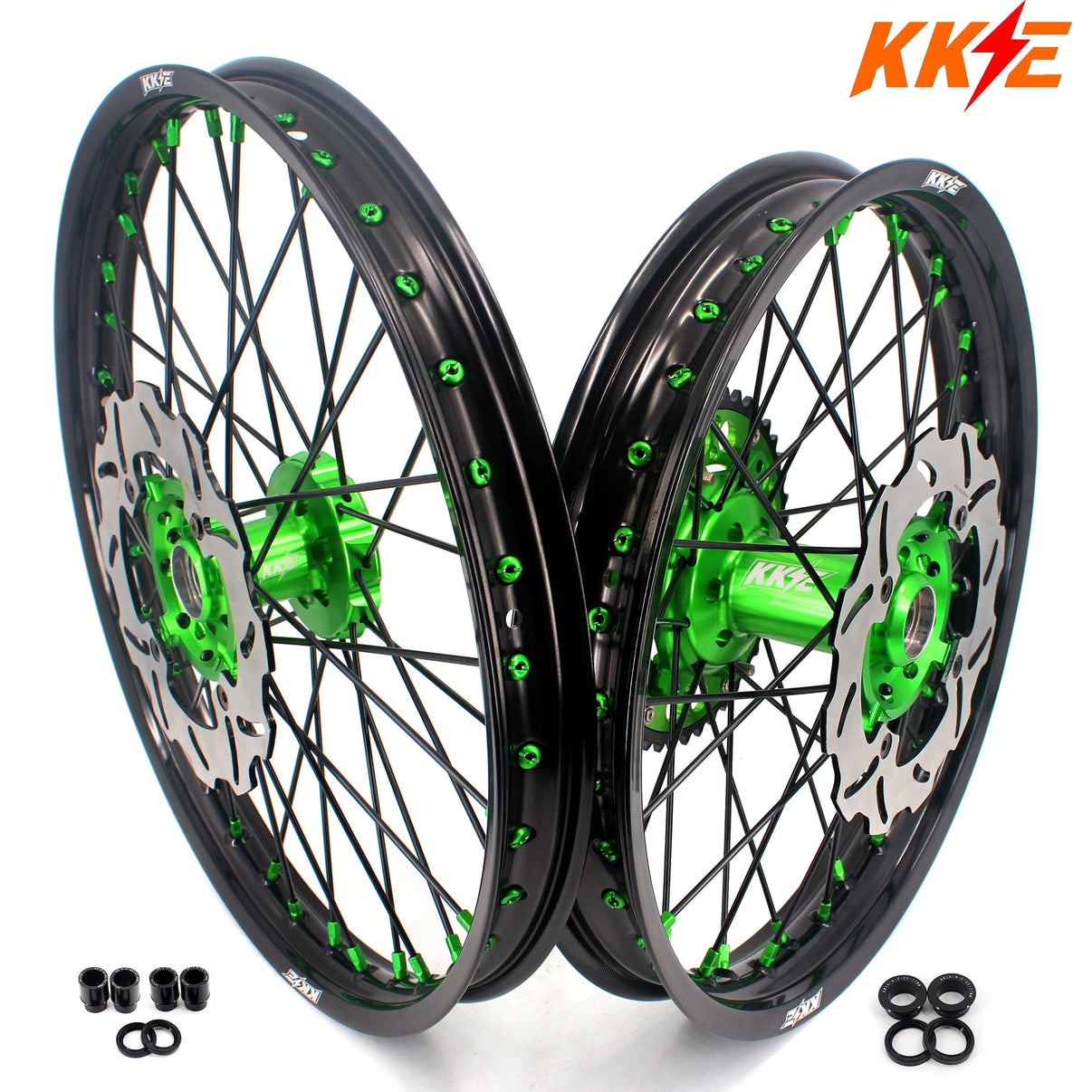 KKE 21/18 Spoked Wheels Rims For KAWASAKI KX125 KX250 2003 2004 2005 Black Spokes KKE Racing