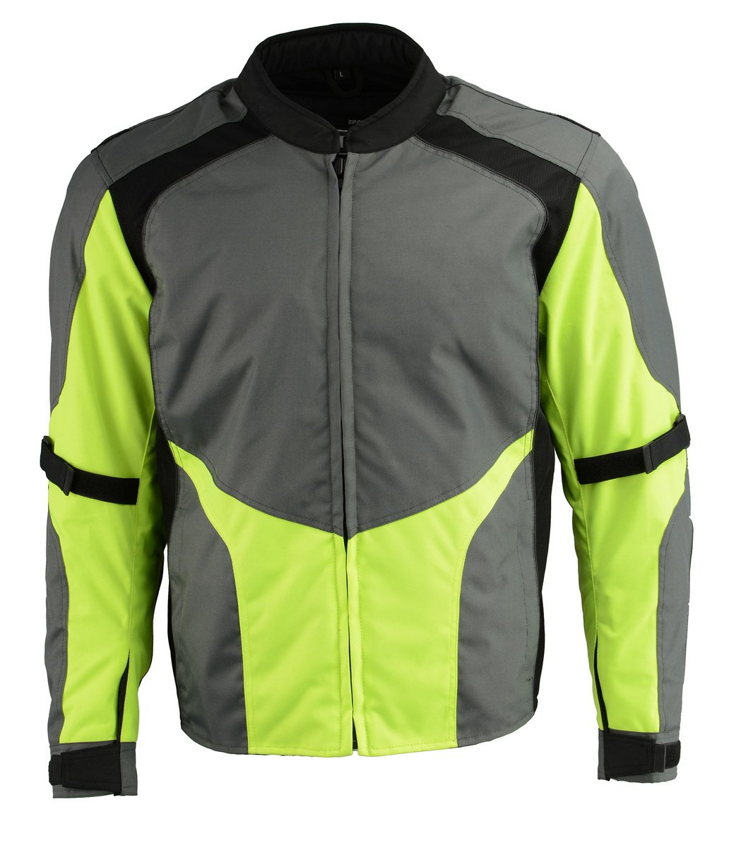 M Boss Motorcycle Apparel BOS11706 Men's Grey/Hi-Vis Green Nylon Motorcycle Racer Jacket with Armor Protection Hot Leathers