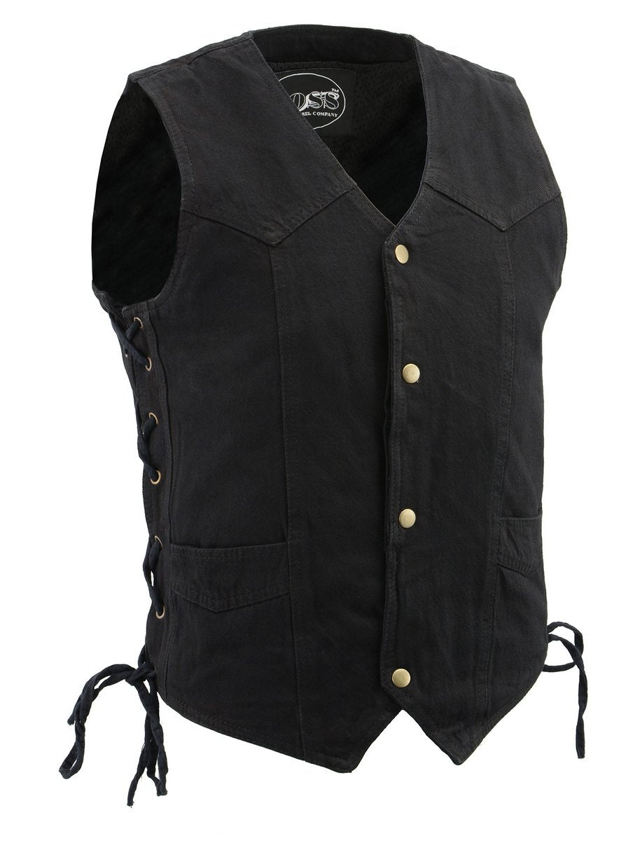 M Boss Motorcycle Apparel BOS13003 Men's Black Denim Motorcycle Side Lace Vest with Quick Draw Pocket Hot Leathers