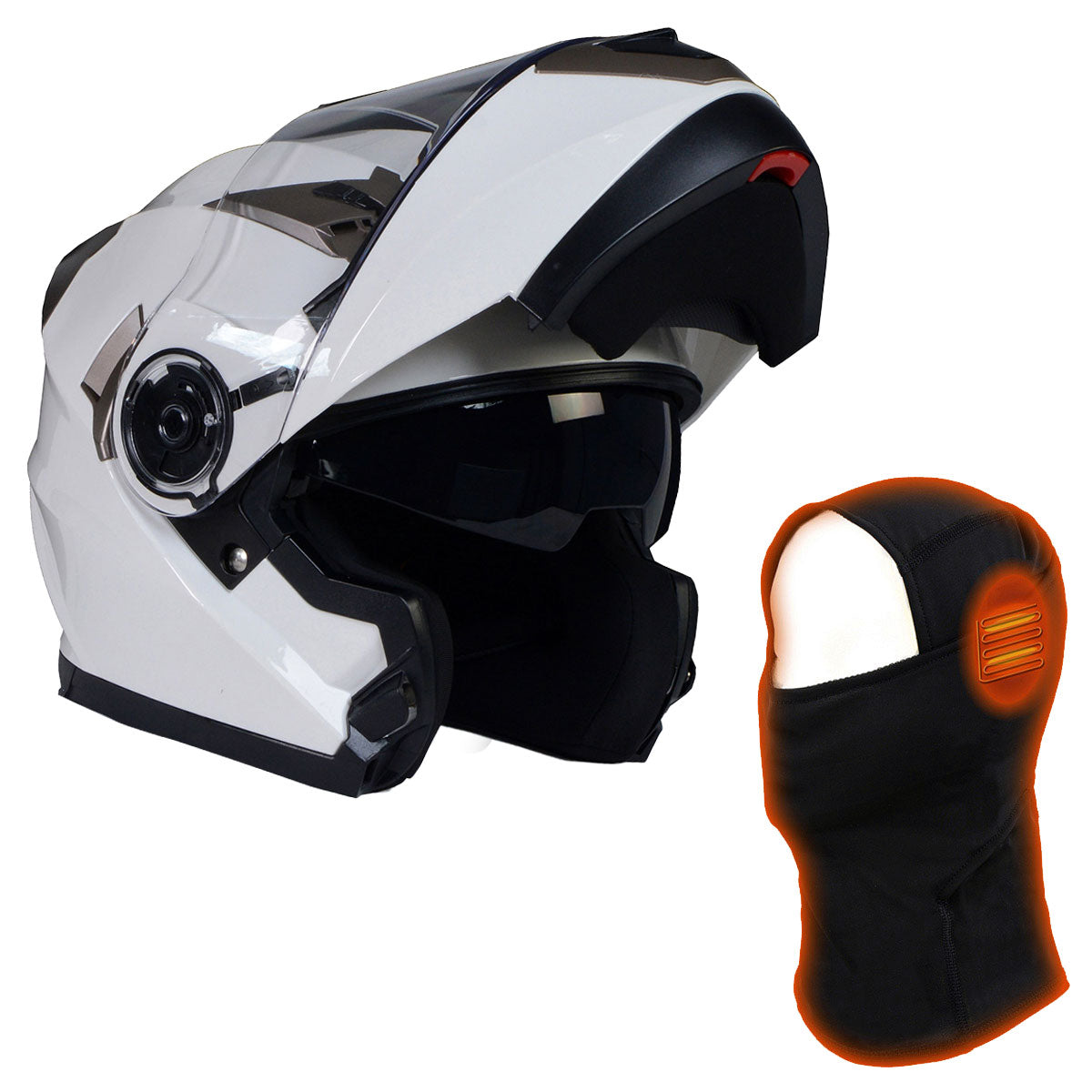 Milwaukee Helmets MPH9807DOT 'Ionized' Gloss White Modular Helmet for Men and Women Biker w/ MP7922FMSET Heated Balaclava Bundle Hot Leathers