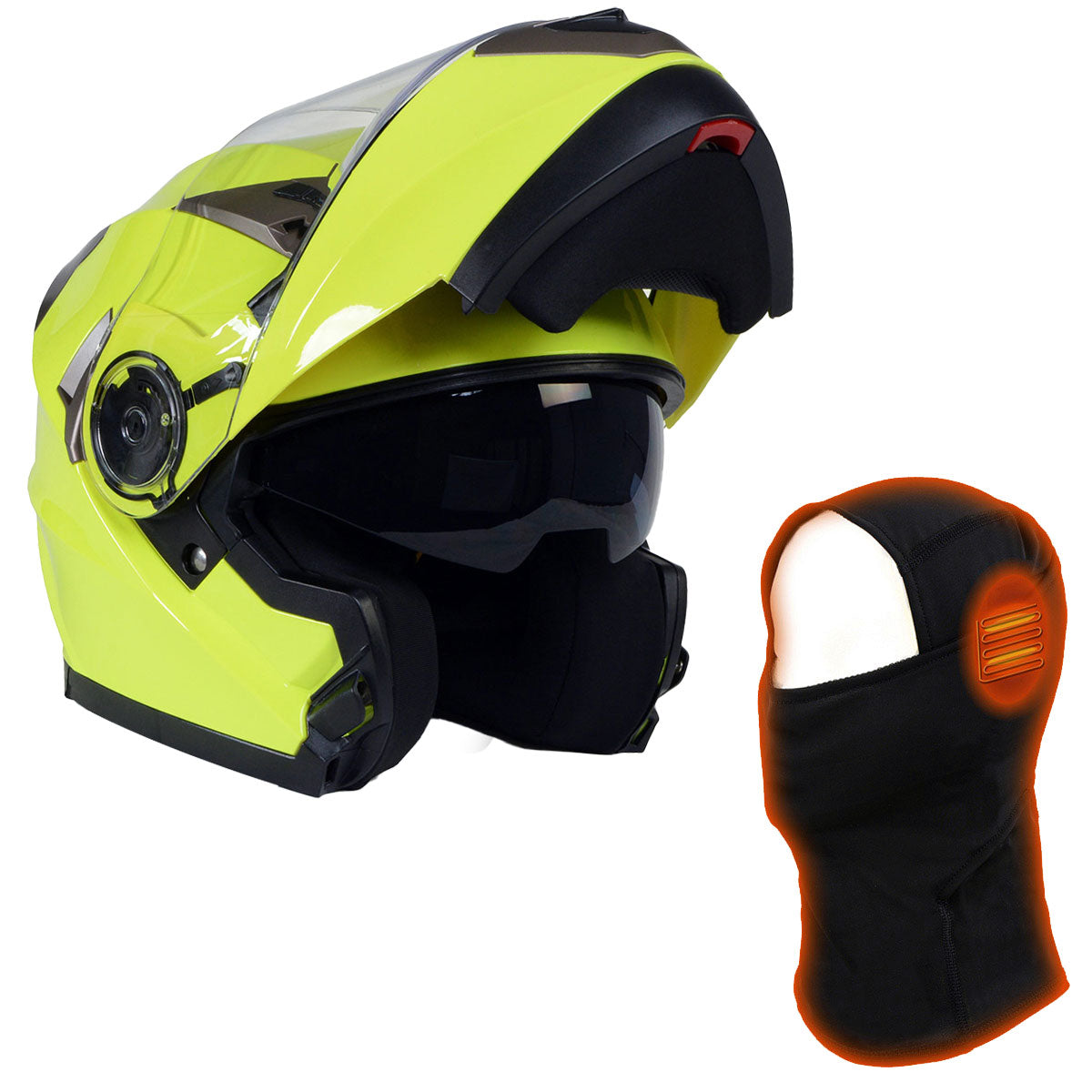 Milwaukee Helmets MPH9809DOT 'Ionized' Neon Yellow Modular Helmet for Men and Women Biker w/ MP7922FMSET Heated Balaclava Bundle Hot Leathers