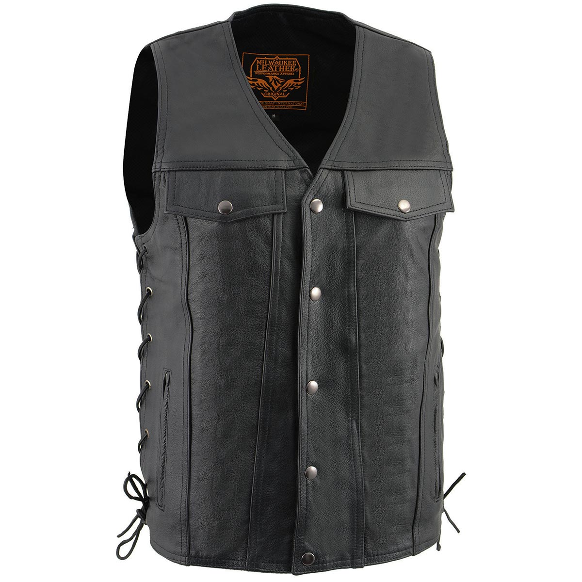 Milwaukee Leather LKM1360 Men's Black Leather Classic V-Neck Motorcycle Rider Vest w/ Snaps and Side Laces Closure Hot Leathers