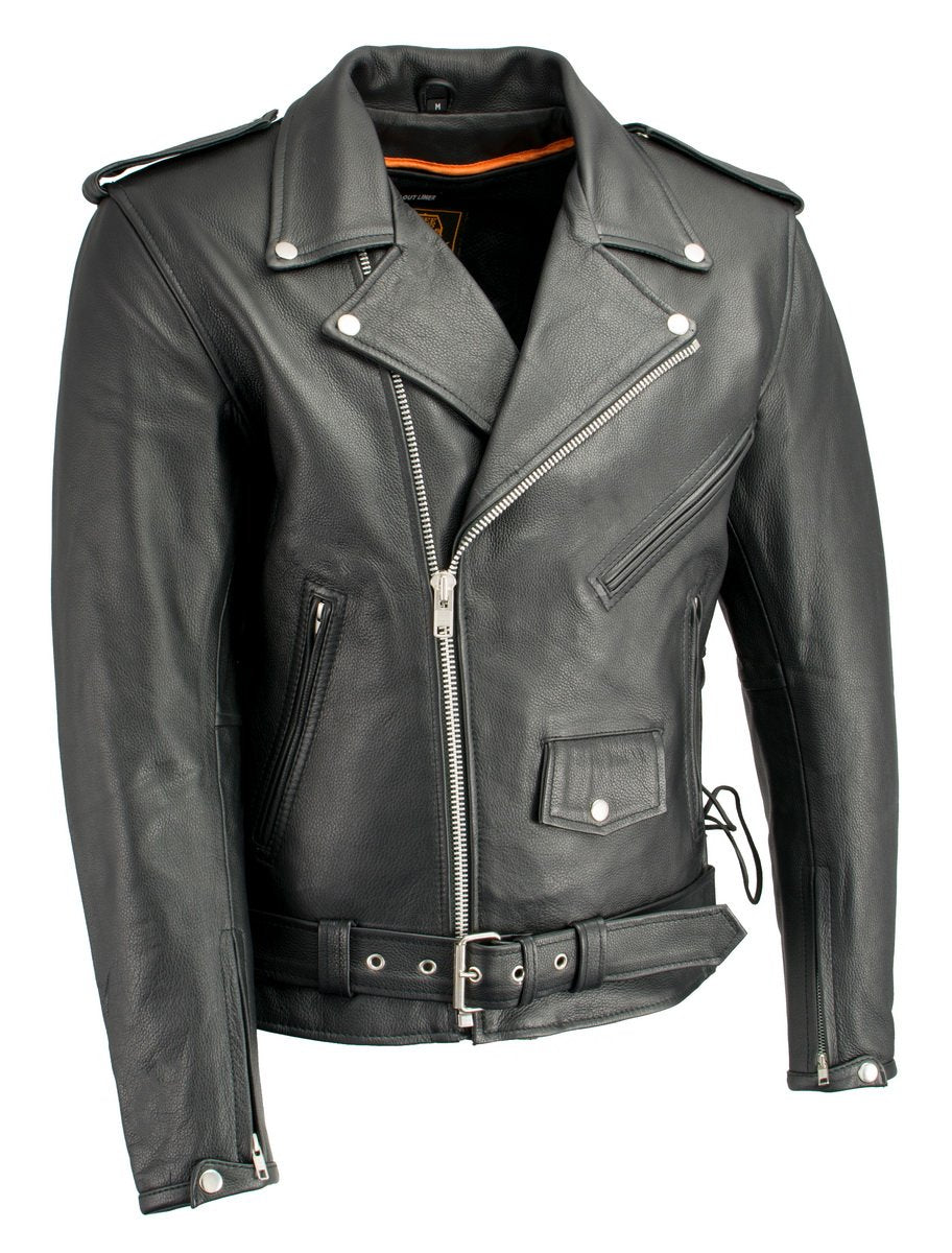 Milwaukee Leather LKM1711 Black Leather Motorcycle Jacket for Men, Thick Police Style Biker Jacket w/ Side Lace Hot Leathers