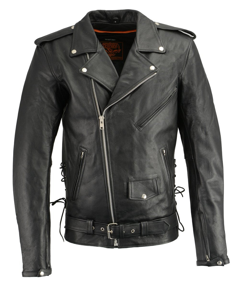 Milwaukee Leather LKM1711TALL Men's Black Tall-Sizes Side Lace Police Style Leather Jacket Hot Leathers