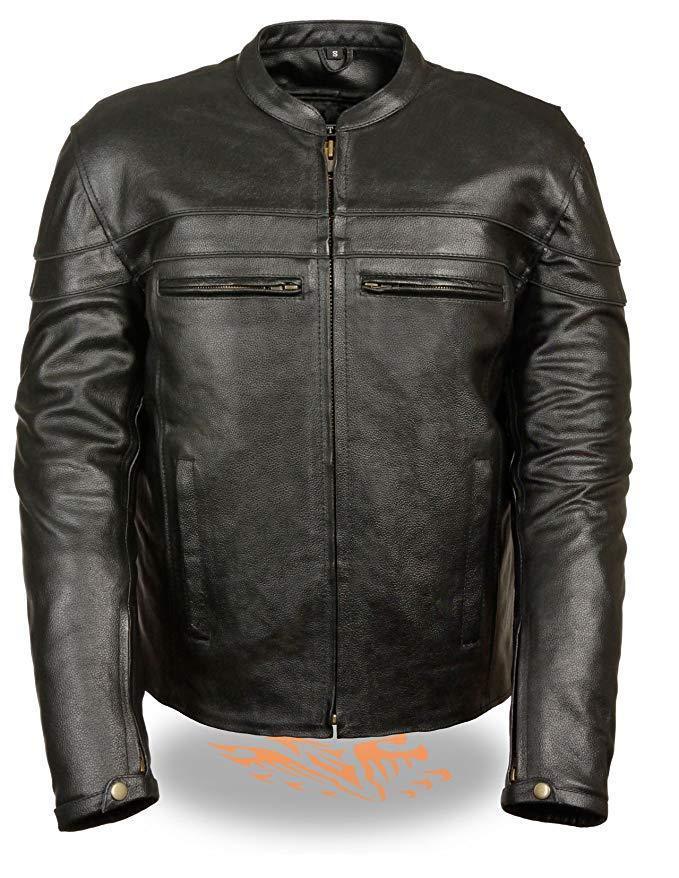 Milwaukee Leather LKM1725 Men's Black Leather Sporty Crossover Scooter Motorcycle Jacket w/ Reflective Piping Hot Leathers