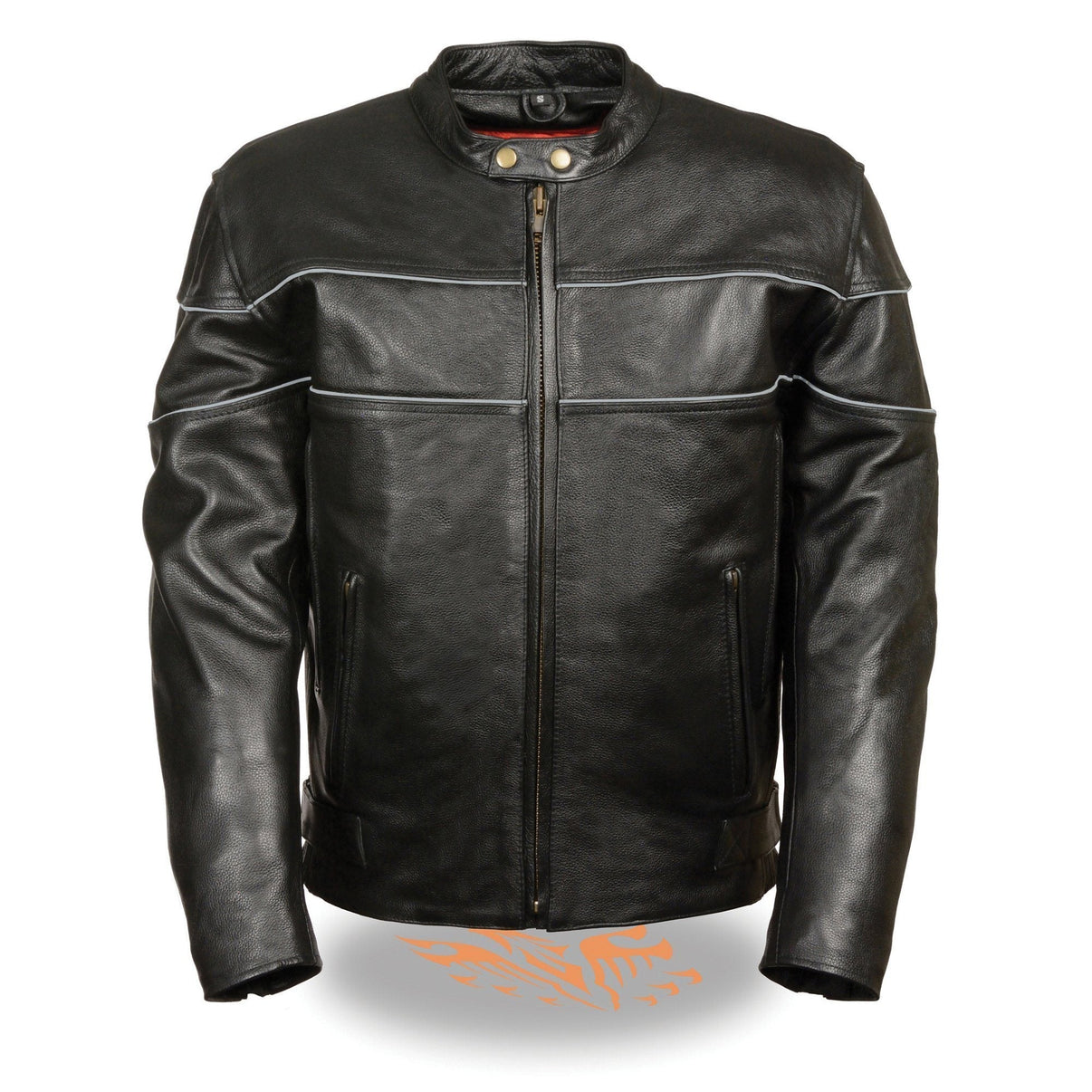 Milwaukee Leather LKM1785 Mens Black Leather Racer Style Motorcycle Jacket w/ Side Stretch and Reflective Piping Hot Leathers
