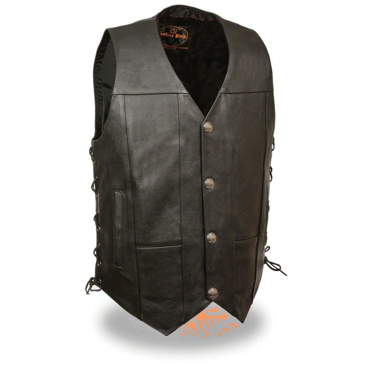 Milwaukee Leather LKM3701 Men's Black Leather Classic V-Neck Motorcycle Rider Vest w/ Buffalo Snaps and Side Laces Hot Leathers
