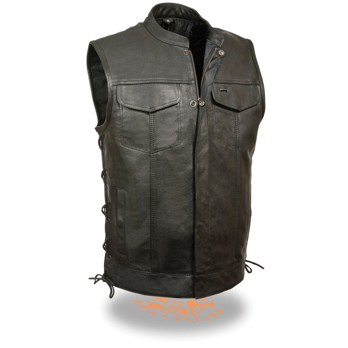 Milwaukee Leather LKM3712 Men's Black Leather Club Style Motorcycle Rider Vest w/ Front Snap/Zipper and Side Lace Hot Leathers