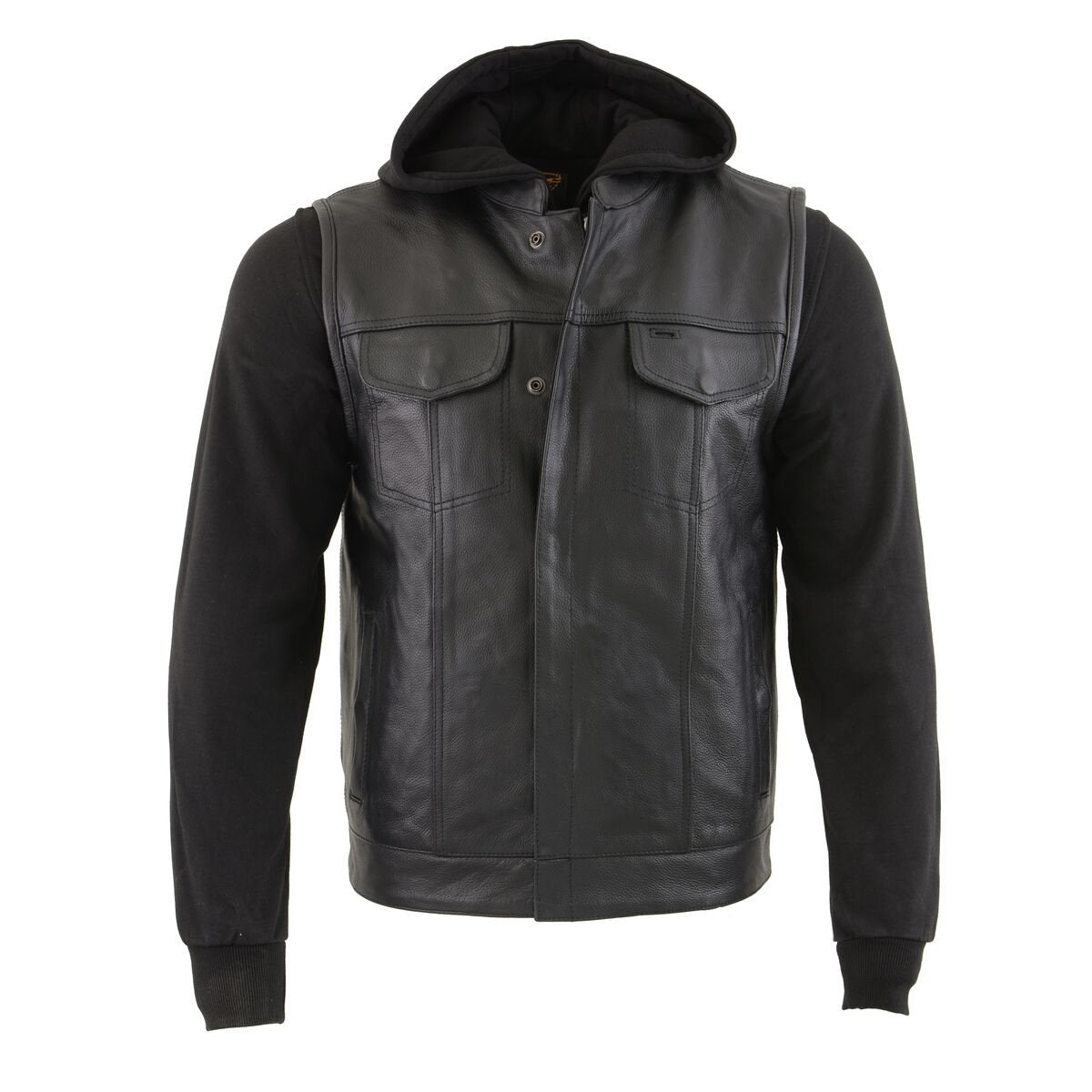 Milwaukee Leather LKM3714 Men's Black Club Style '2 in 1' Zipper Vest with Full Sleeve Hoodie and Quick Draw Pocket Hot Leathers