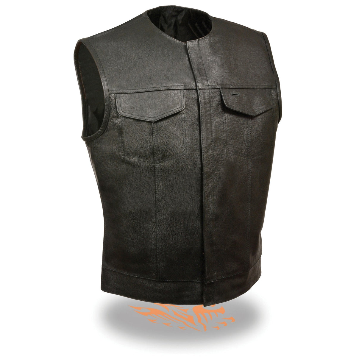 Milwaukee Leather LKM3721 Men's Black Leather Collarless Club Style Motorcycle Rider Vest w/Concealed Snap Closure Hot Leathers