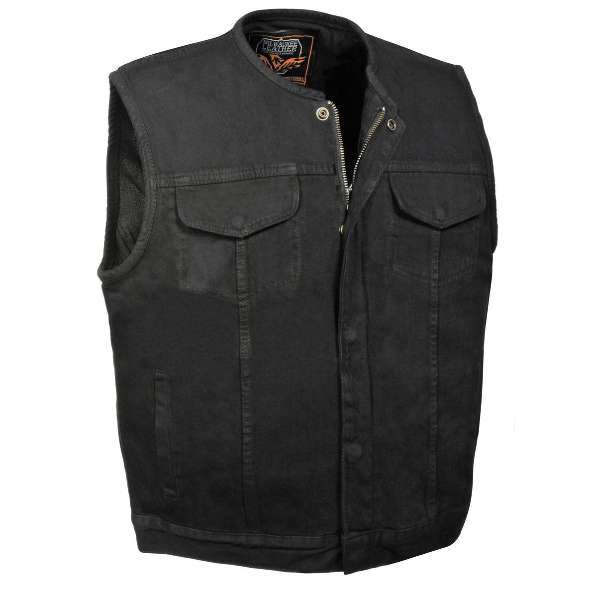 Milwaukee Leather MDM3001 Men's 'Covert' Black Denim Collarless Club Style Motorcycle Biker Vest w/ Dual Closure Hot Leathers