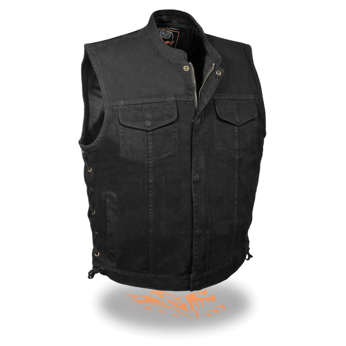 Milwaukee Leather MDM3002 Men's ‘Covert’ Black Denim Club Style Vest with Side Lace Adjustment Hot Leathers