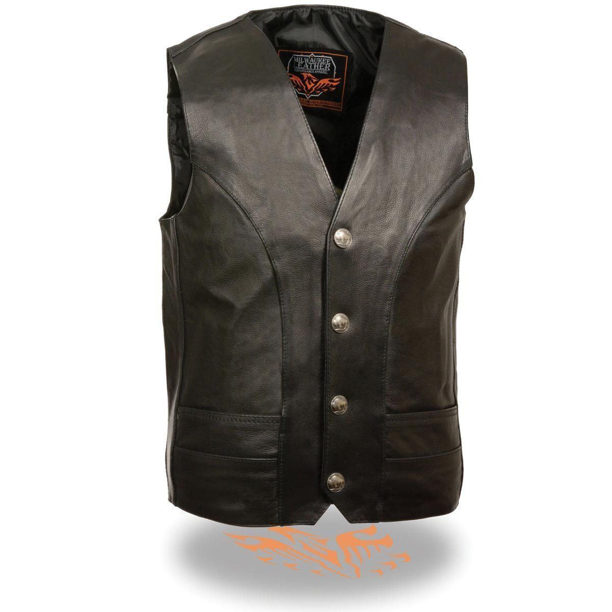 Milwaukee Leather ML1368 Men's Black Premium Leather V-Neck Motorcycle Rider Vest w/ Buffalo Nickel Snaps Closure Hot Leathers