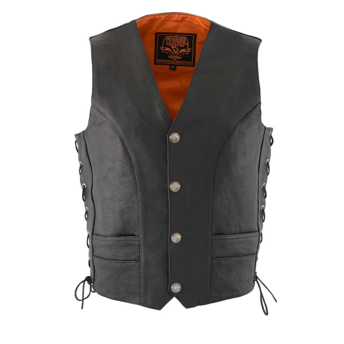 Milwaukee Leather ML1369 Men's Black Premium Leather Side Lace Motorcycle Rider Vest w/ Buffalo Nickel Snaps Closure Hot Leathers