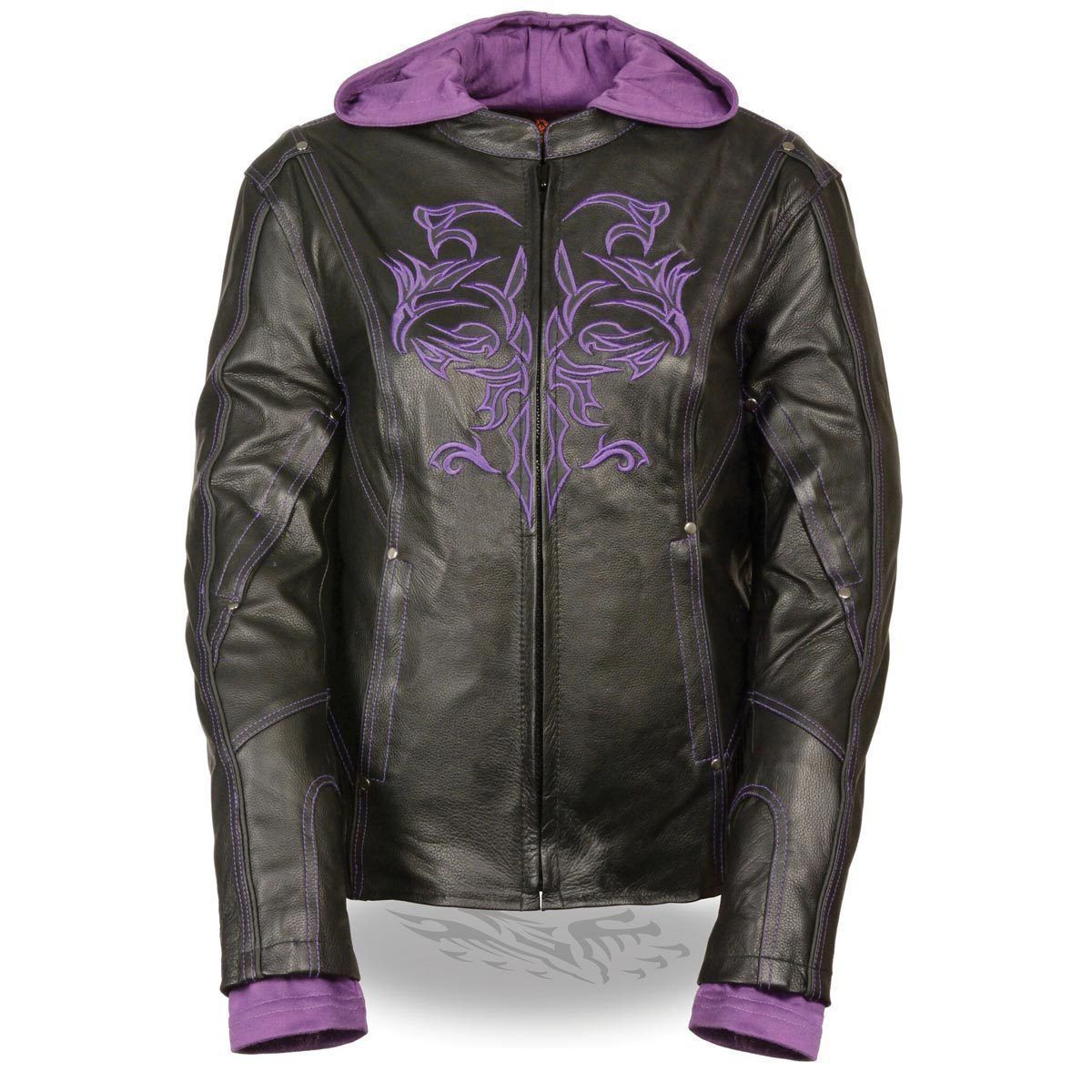 Milwaukee Leather ML2067 Women's 3/4 Black and Purple Leather Hoodie Jacket with Reflective Tribal Design Hot Leathers