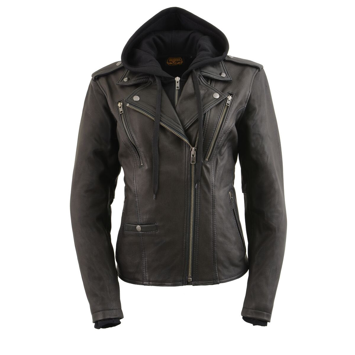 Milwaukee Leather MLL2575 Women's Black Leather Vented Motorcycle Jacket w/ Removable Hoodie Hot Leathers