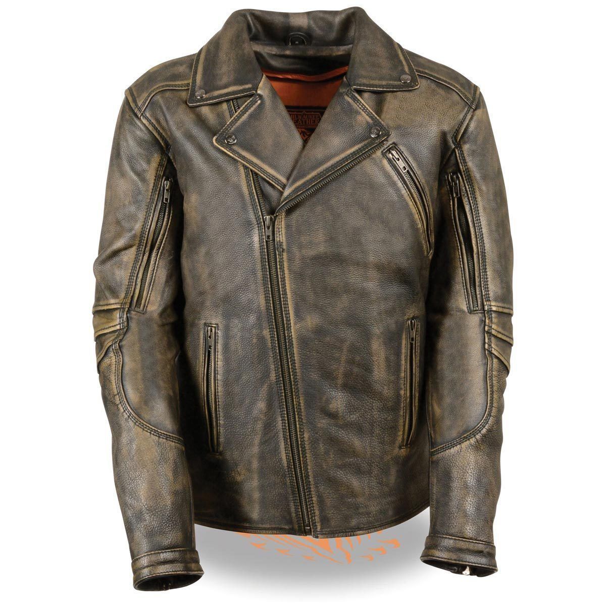 Milwaukee Leather MLM1515 Men's Classic Beltless Distressed Brown Leather Triple Stitched Motorcycle Biker Jacket Hot Leathers