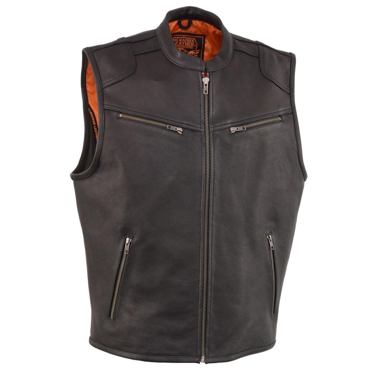 Milwaukee Leather MLM3502 Men's Black Premium Leather Motorcycle Rider Vest with Cool-Tec Leather Treatment Tech Hot Leathers