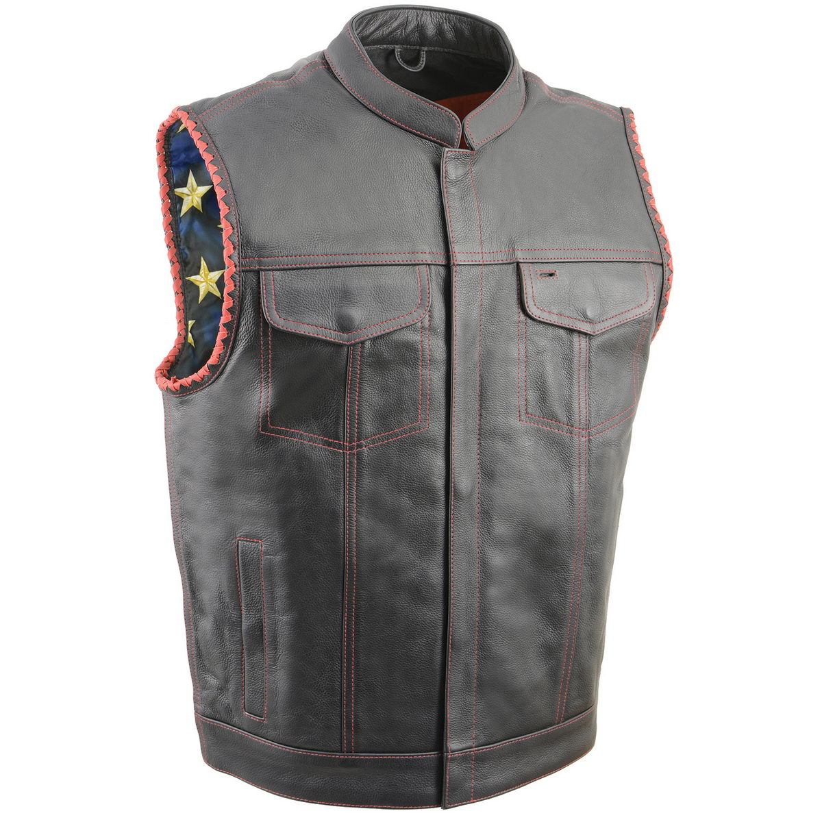 Milwaukee Leather MLM3506 Men's Black Premium Leather Vest - Old Glory Laced Armholes Red Stitching Club Style Vest Hot Leathers