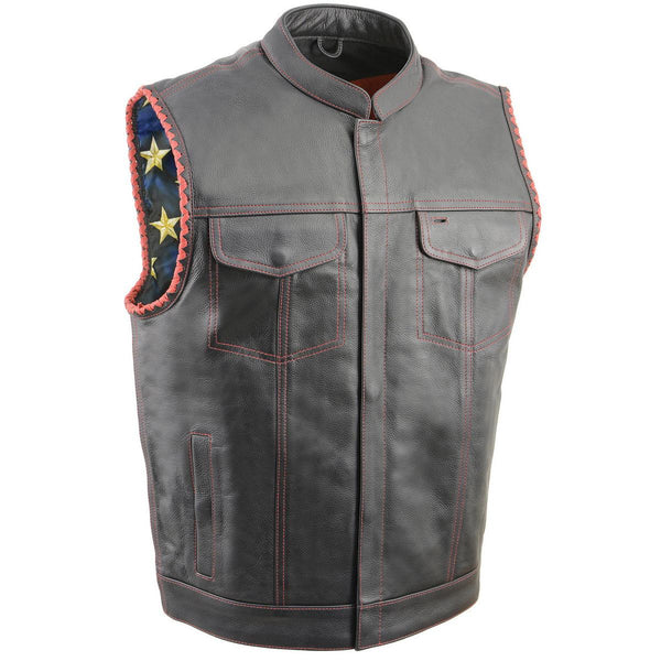 Milwaukee Leather MLM3506 Men's Black Premium Leather Vest - Old Glory Laced Armholes Red Stitching Club Style Vest Hot Leathers