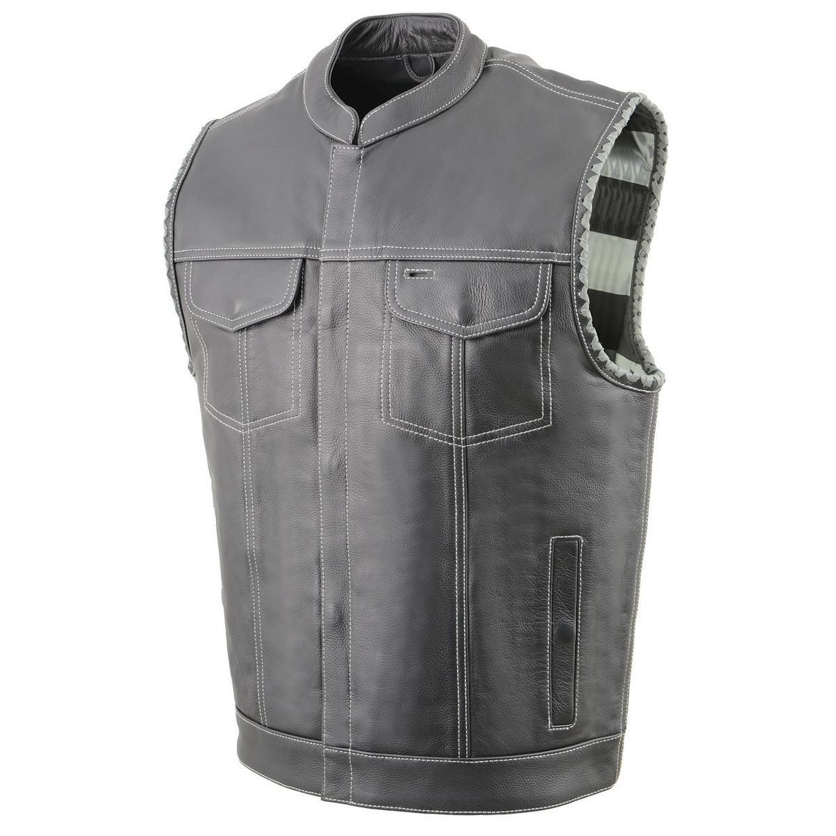 Milwaukee Leather MLM3507 Men's Old Glory Black Premium Leather Club Style Vest w/ Grey Stitching Laced Armholes Hot Leathers