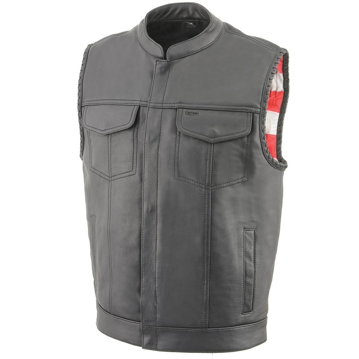 Milwaukee Leather MLM3508 Men's Black Premium Leather Vest - Old Glory Laced Armholes Black Stitching Club Style Vest Hot Leathers
