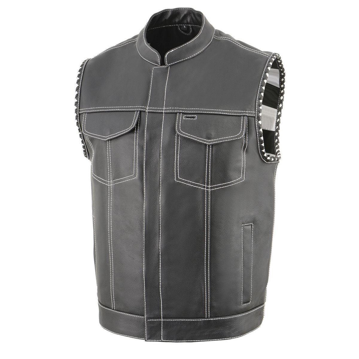 Milwaukee Leather MLM3509 Men's Black Premium Leather Vest - Old Glory Laced Armholes White Stitching Club Style Vest Hot Leathers