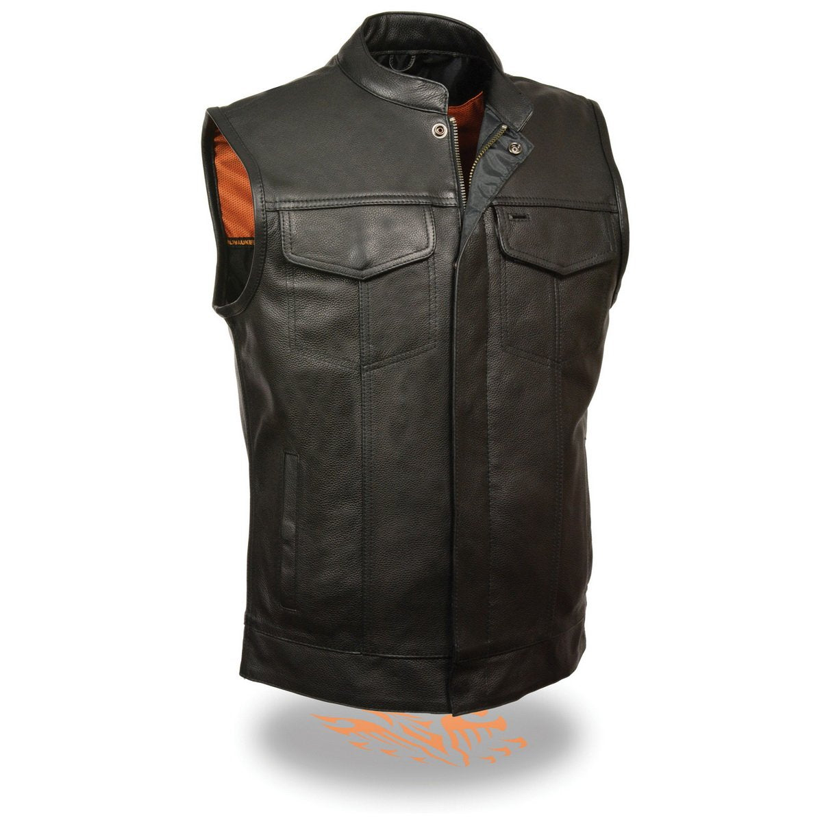 Milwaukee Leather MLM3510 Men's Black Premium Leather Club Style Vest - Dual Closure Open Neck Motorcycle Rider Vest Hot Leathers