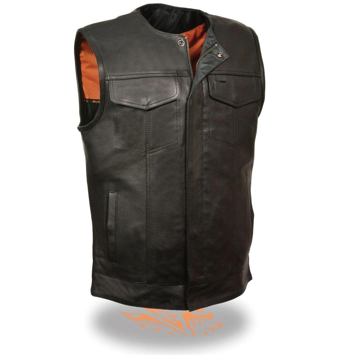 Milwaukee Leather MLM3511 Men's Black Collarless Snap/Zipper Club Style Motorcycle Leather Vest Hot Leathers