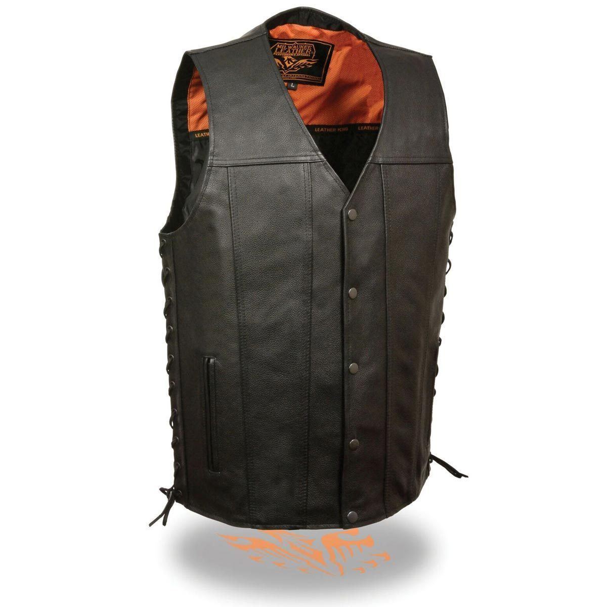 Milwaukee Leather MLM3520 Men's Black Leather Vest - Classic V-Neck Straight Bottom Side Lace Motorcycle Rider Vest Hot Leathers